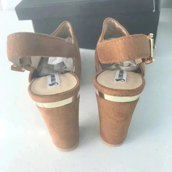 NIB!Spirit Moda Tan -Peek toe -gold back heel Chucky shoes size 9 - Picture 7 of 11